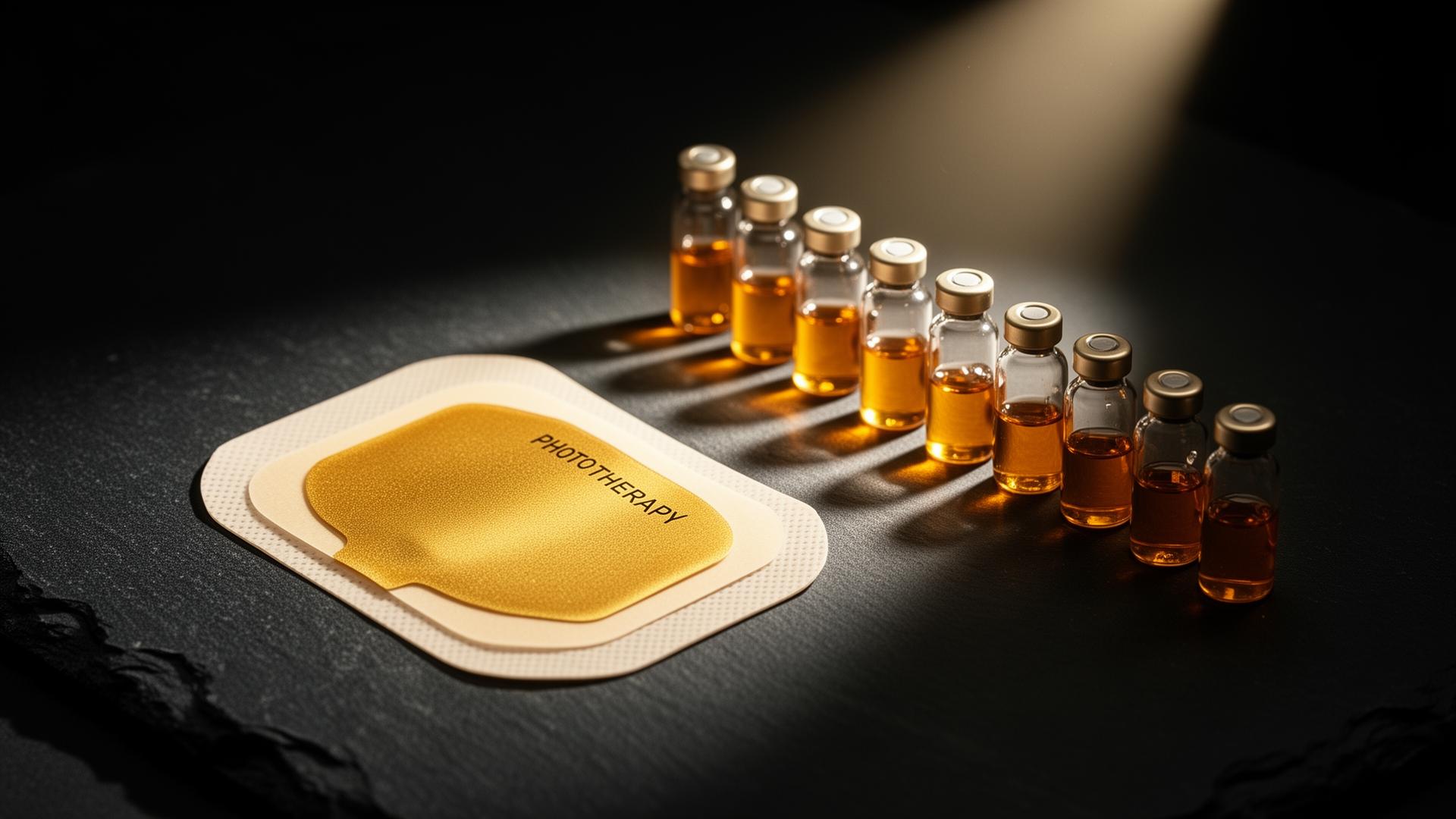 Phototherapy patch beside row of peptide vials