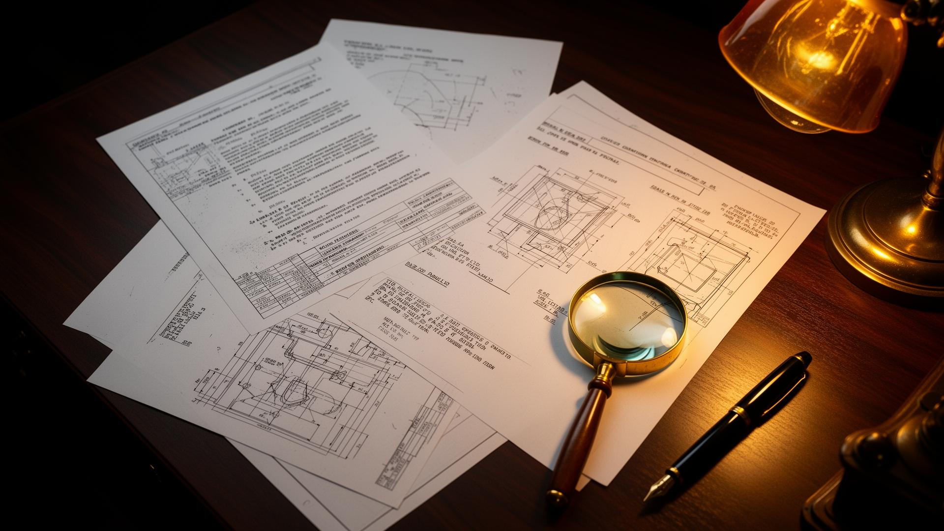 Patent documents and engineering blueprints in warm desk-lamp light
