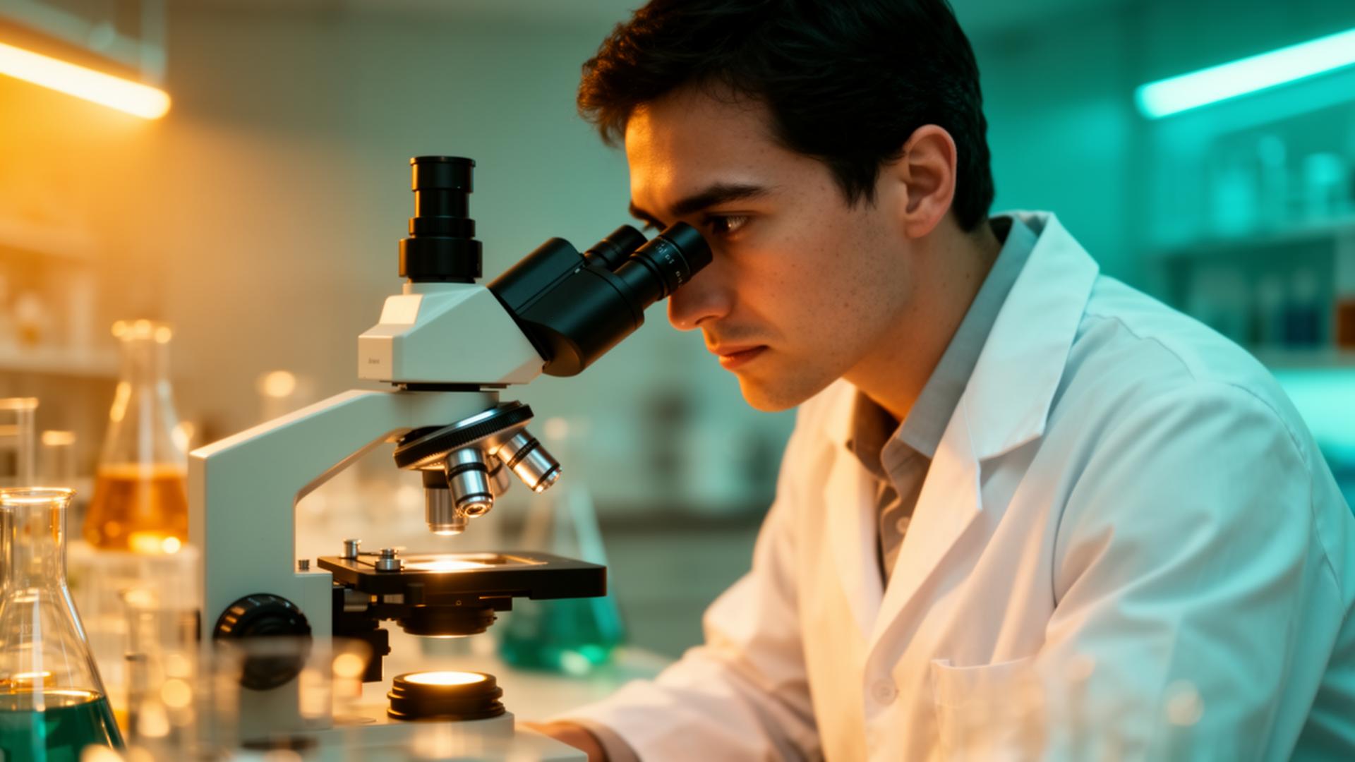 Researcher examining samples under a high-end microscope in a modern biotech lab