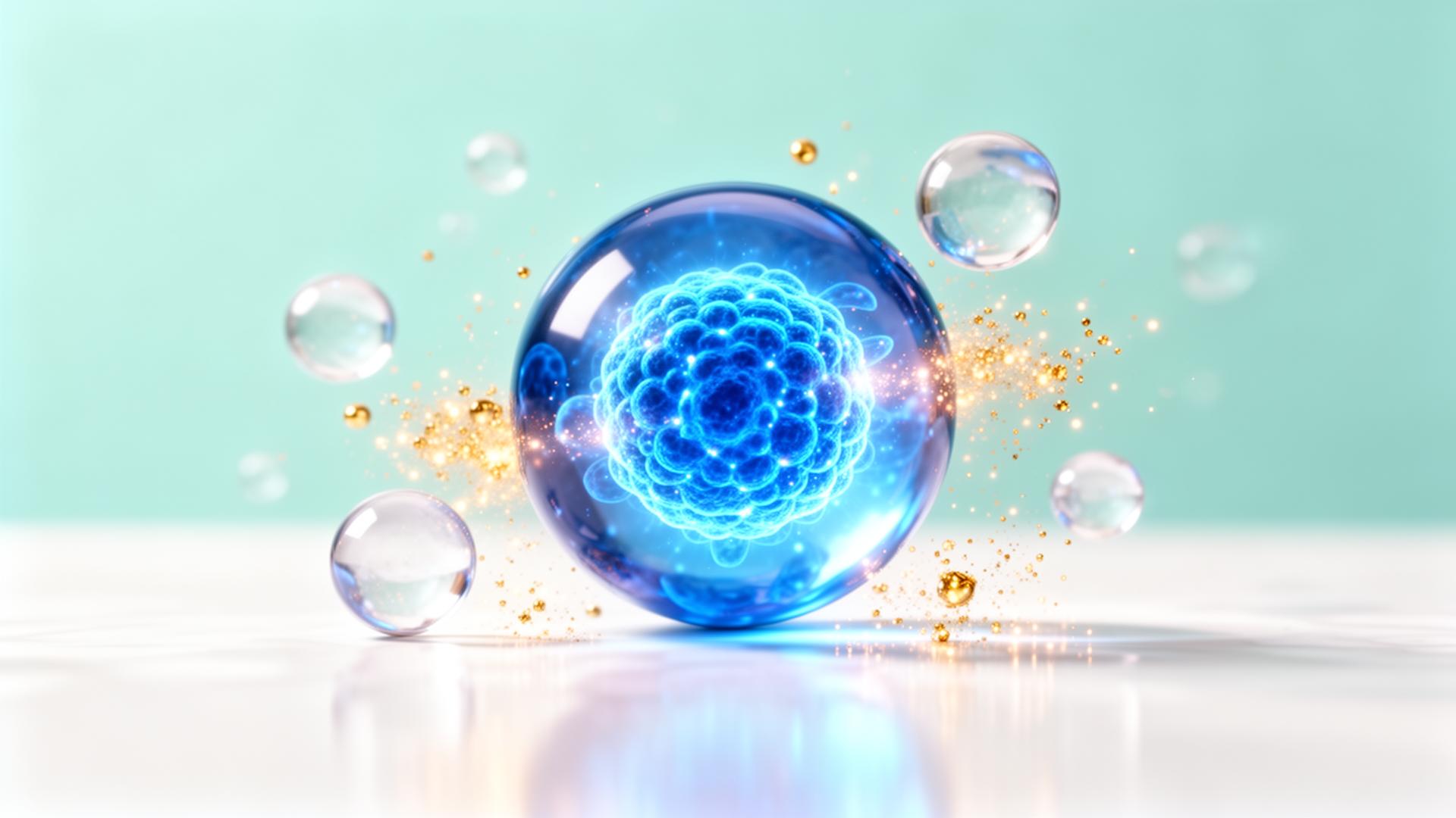 Glowing blue stem cell sphere with golden particle activation