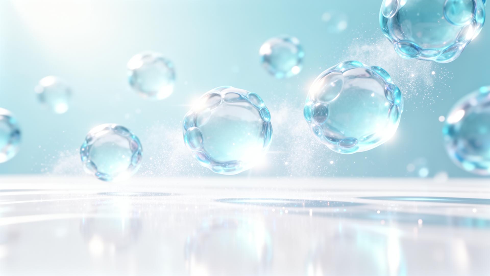 Glowing translucent cellular spheres on a bright reflective surface