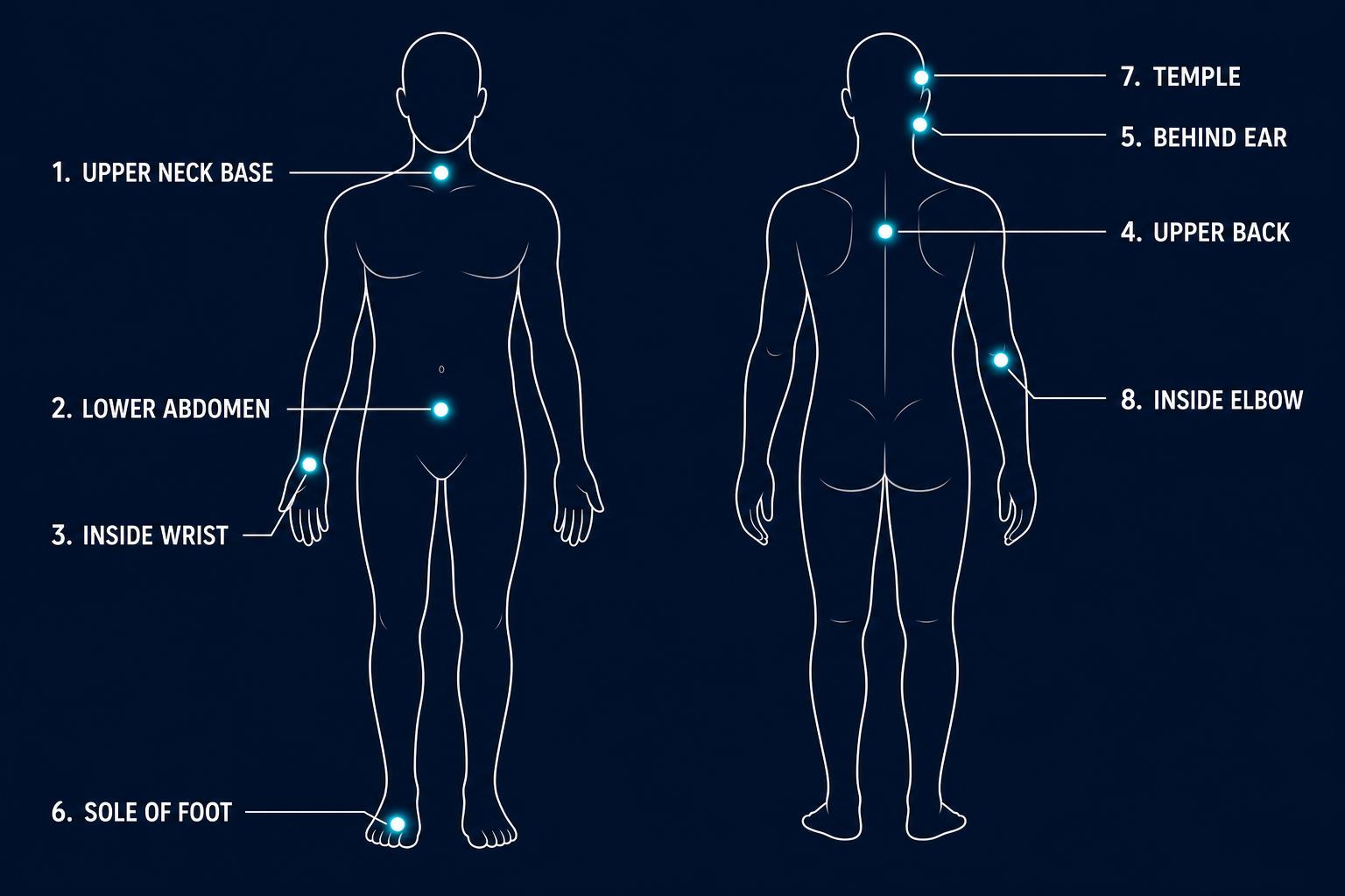 LifeWave X39 patch placement body map showing 8 acupoints: upper neck base (GV14), lower abdomen (CV6), inside wrist, upper back between shoulder blades, behind ear, sole of foot (KD1), temple, and inside of elbow