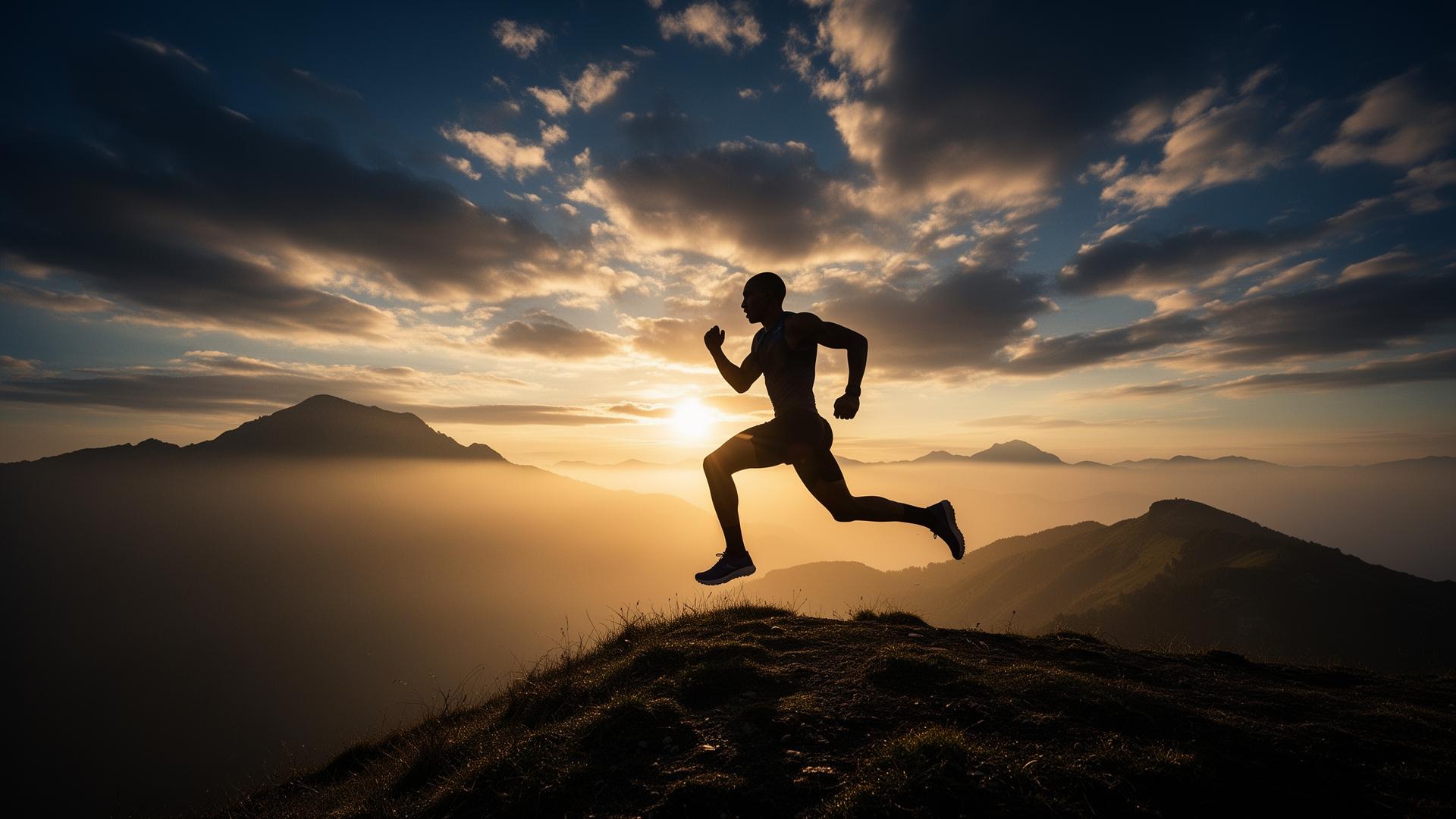 Silhouetted elite athlete running at golden-hour dawn on a mountain ridge